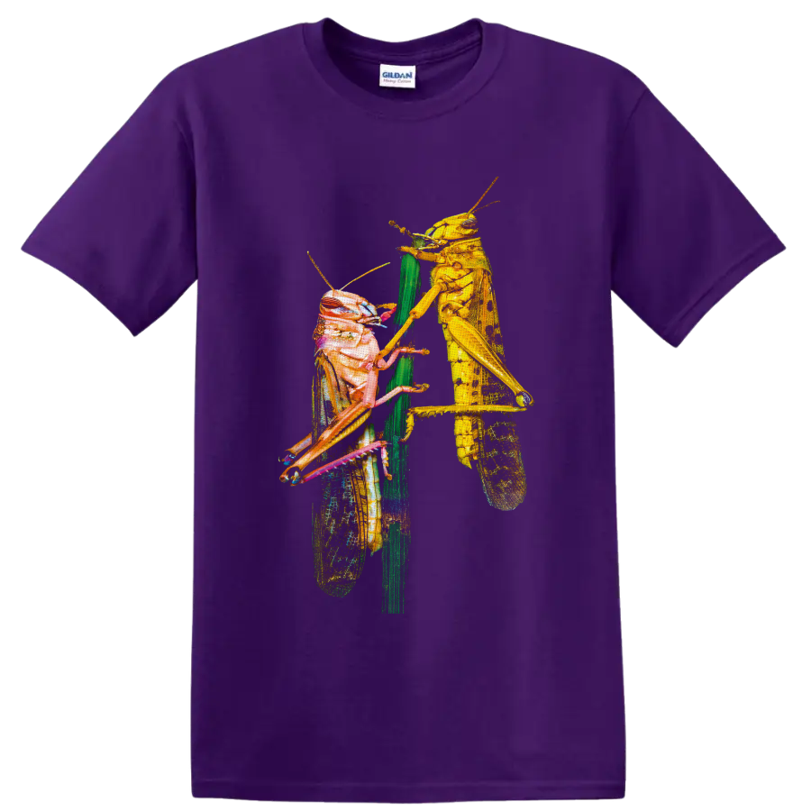 Colorful macro artwork of two grasshoppers facing each other on a green plant stem on a Purple T Shirt