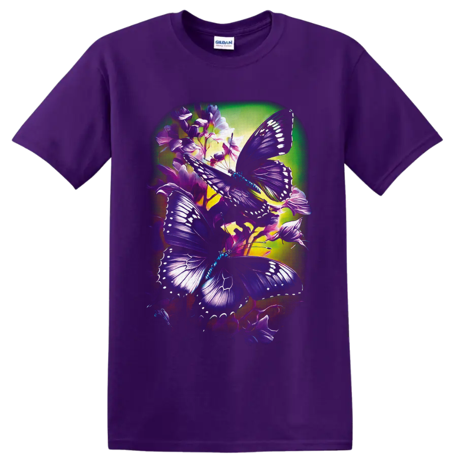 Purple butterflies with white wing markings among violet flowers in luminous garden art on a Purple T Shirt