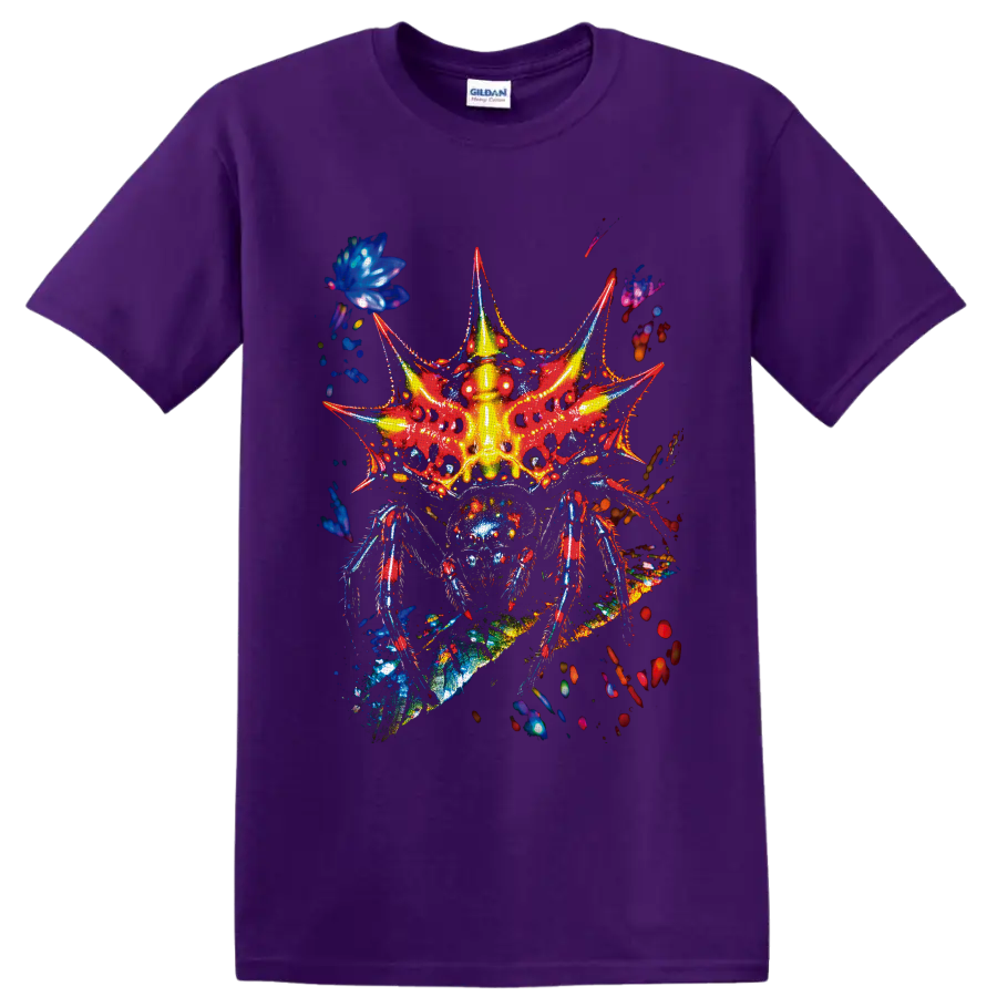 Psychedelic neon fantasy insect with red wings, blue legs, and glowing yellow body on a Purple T Shirt