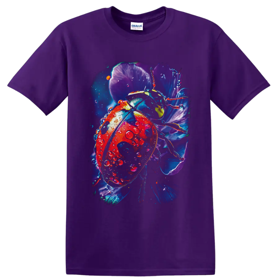 Detailed red ladybug with water droplets among glowing purple and blue flowers on a Purple T Shirt