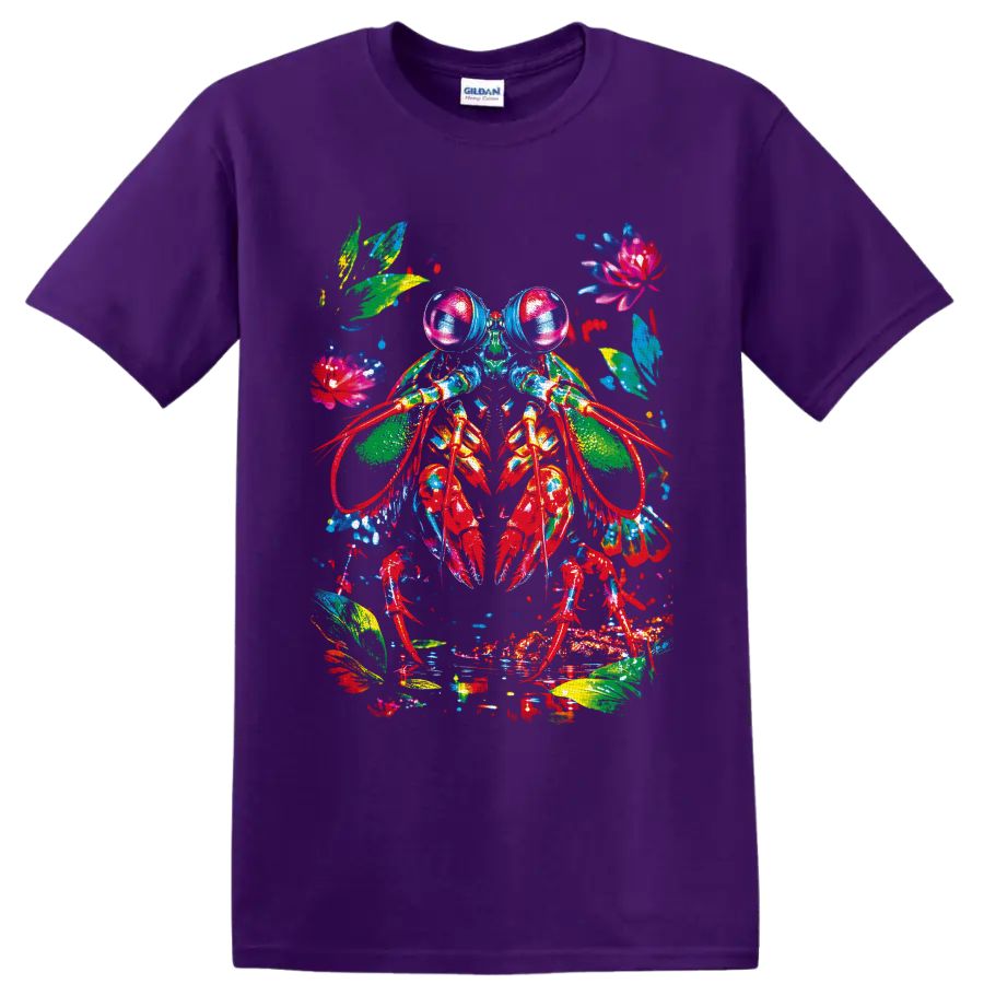 Colorful watercolor crayfish with tropical leaves, flowers, and paint splashes on a Purple T Shirt