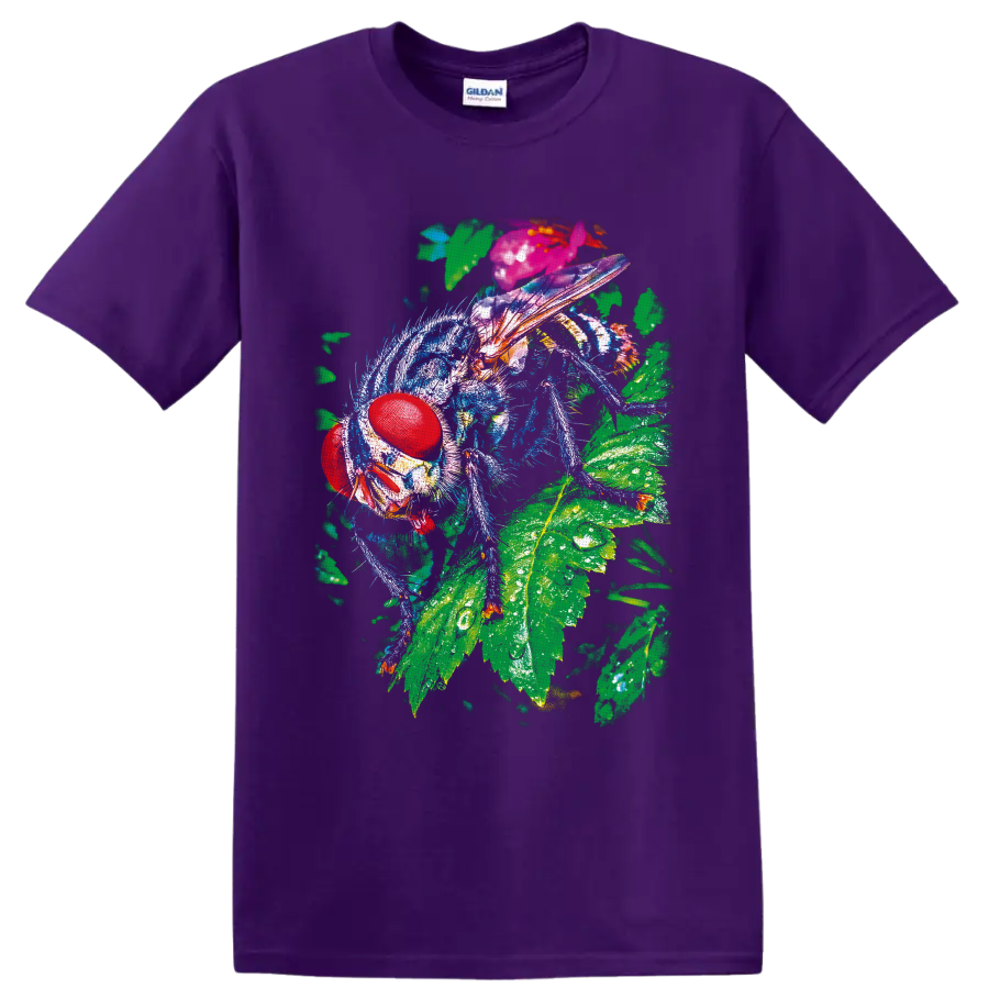 Colorful macro fly with red compound eyes and translucent wings on green leaves on a Purple T Shirt