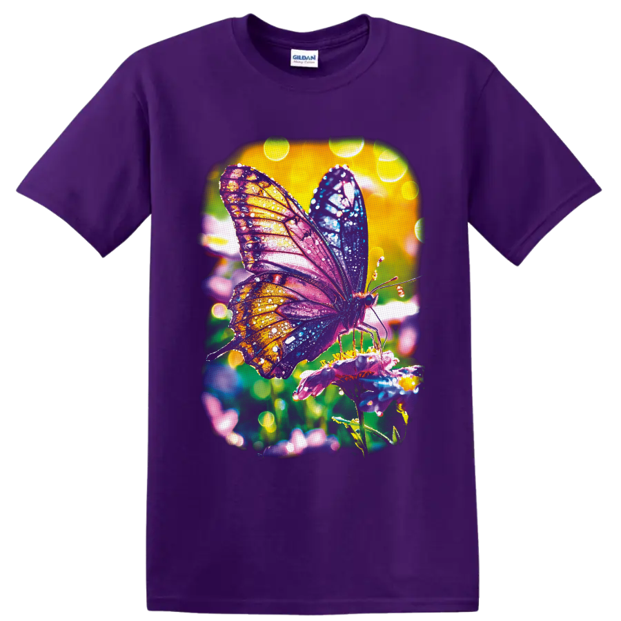 Colorful butterfly on a pink flower with jewel-tone wings and glowing garden bokeh on a Purple T Shirt