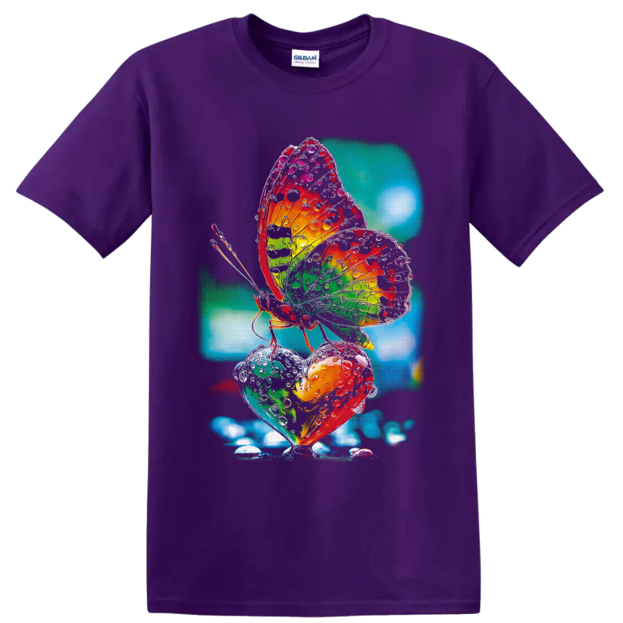 Rainbow butterfly with water droplets over heart-shaped botanical art on a Purple T Shirt
