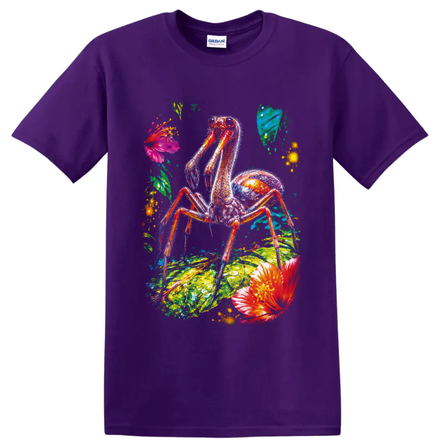 Neon camel spider arachnid on tropical leaf with vivid flowers and glowing accents on a Purple T Shirt