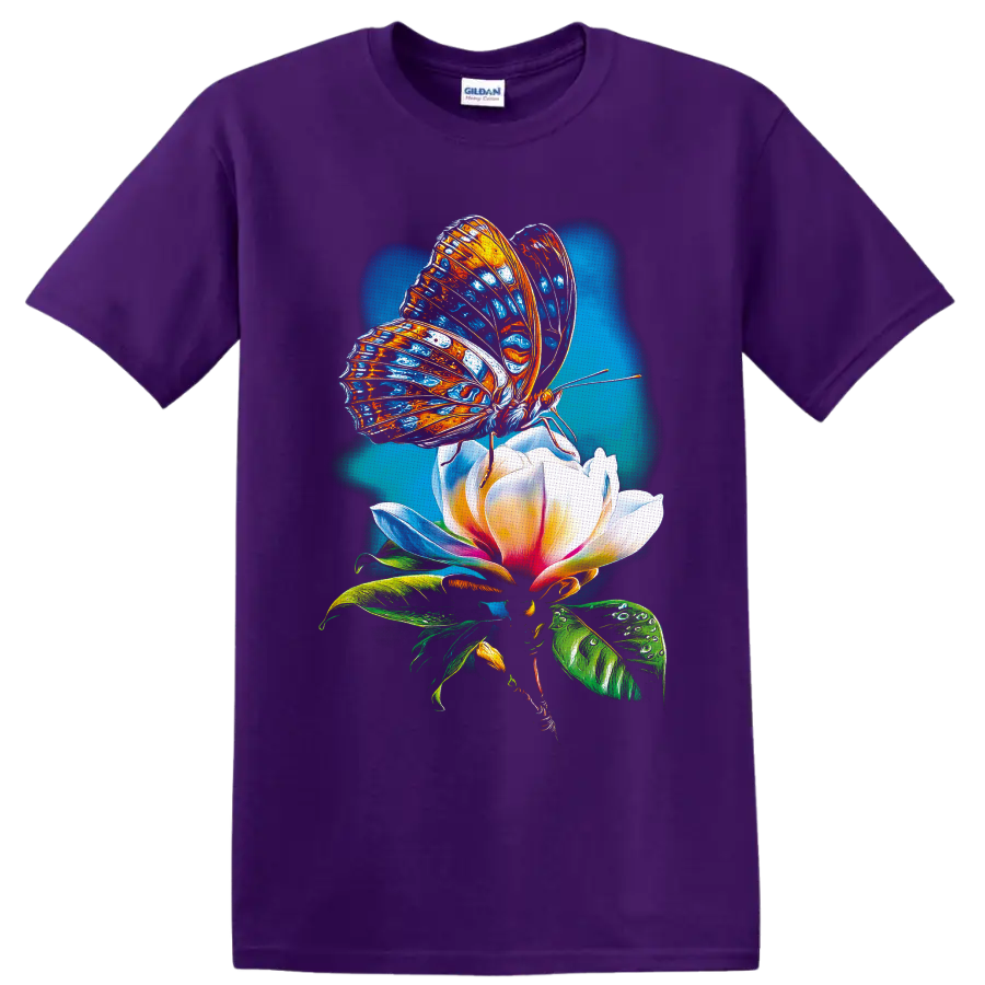 Colorful blue and orange butterfly on a white pink flower in luminous botanical art on a Purple T Shirt