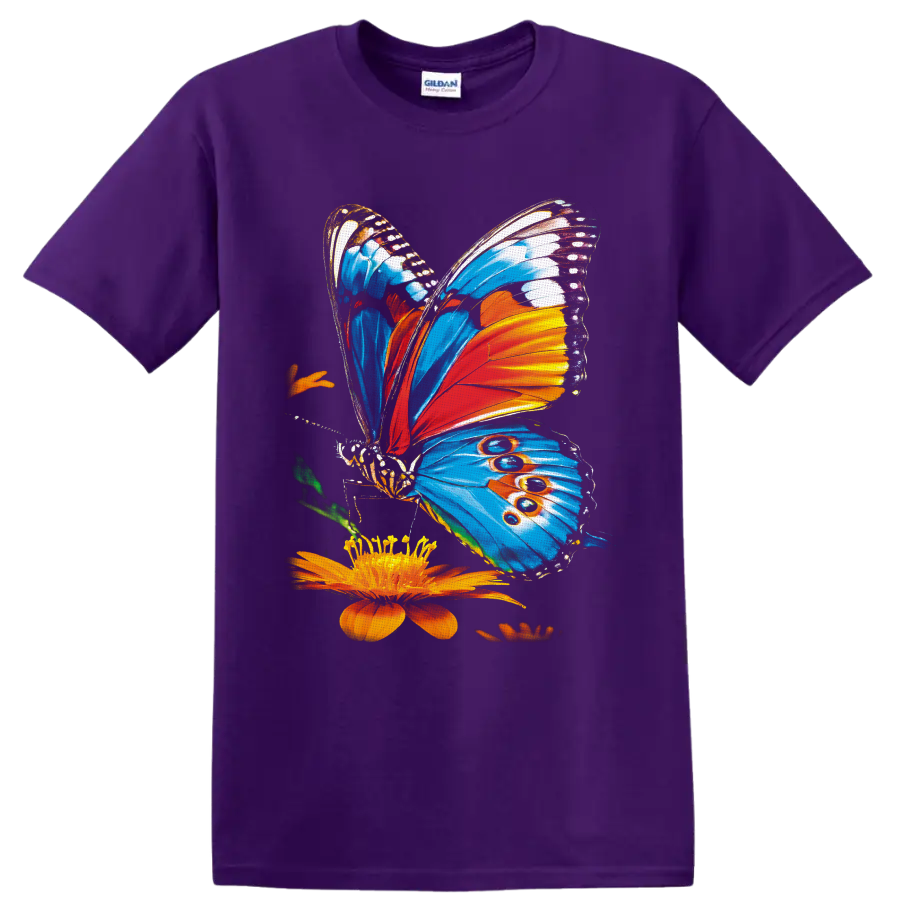 Colorful blue and orange butterfly illustration beside an orange flower on a Purple T Shirt