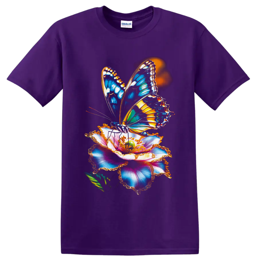 Colorful blue and orange butterfly on a multicolored flower botanical graphic on a Purple T Shirt