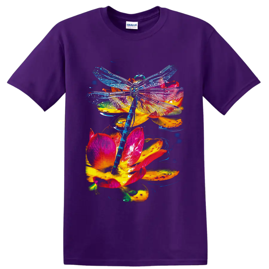 Rainbow dragonfly with detailed wings over vivid pink, orange, and yellow flowers on a Purple T Shirt