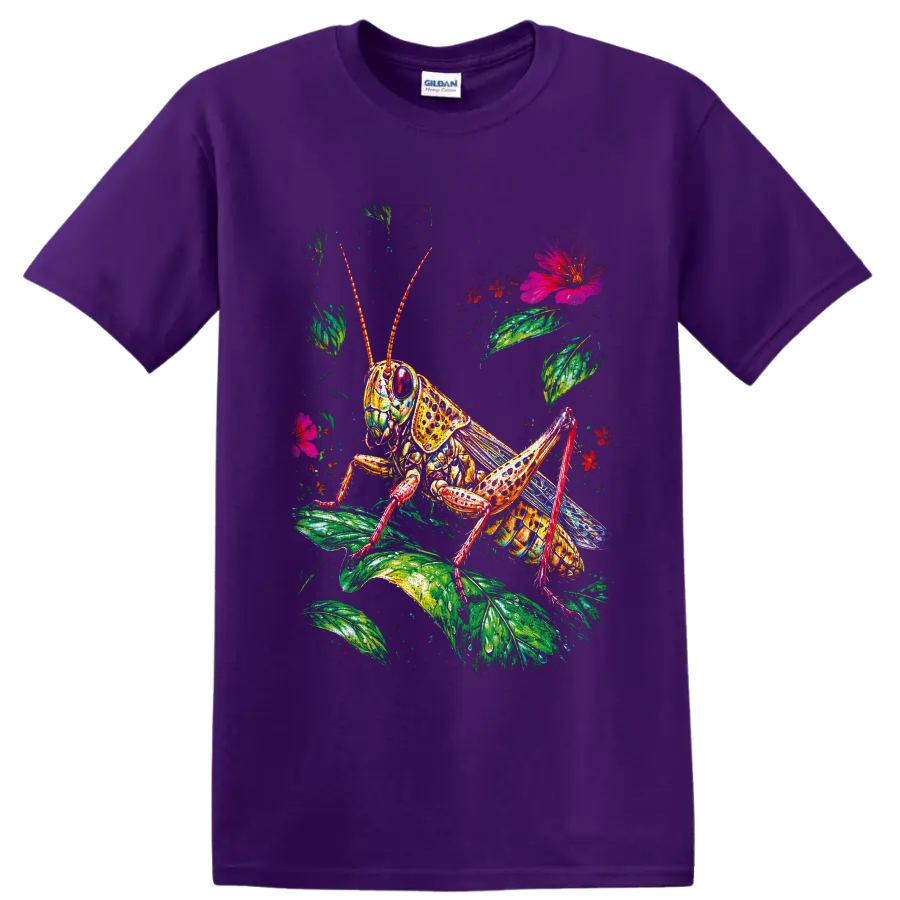 Colorful grasshopper illustration with lush leaves, red blossoms, and a pink flower on a Purple T Shirt