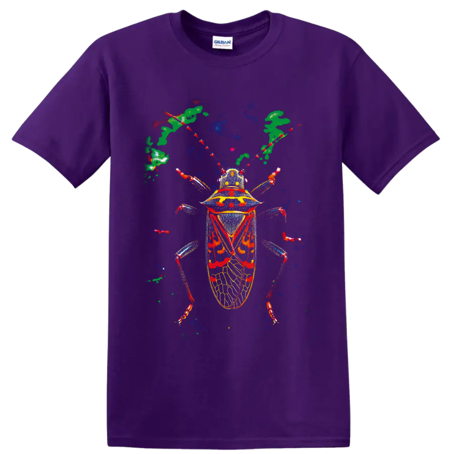 Vibrant anatomical beetle illustration with red, blue, yellow, and green details on a Purple T Shirt