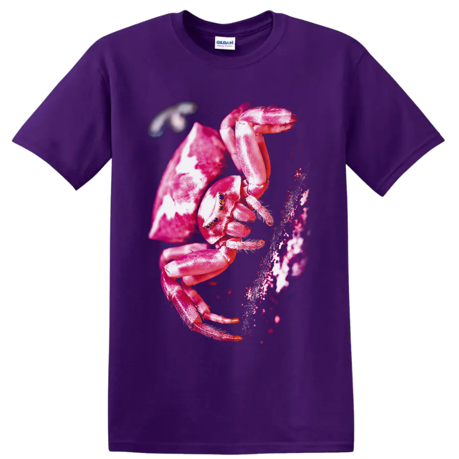 Vivid pink crab spider macro wildlife graphic beside textured bark on a Purple T Shirt