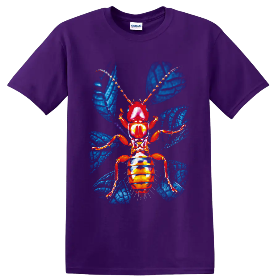 Colorful red-orange ant with blue wings in detailed insect anatomy art on a Purple T Shirt
