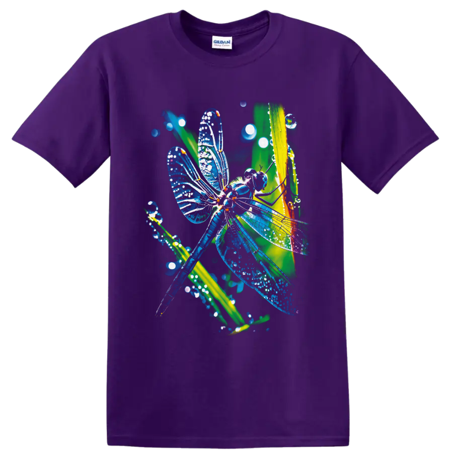 Luminous blue dragonfly with sparkling wings and green stems in colorful nature art on a Purple T Shirt