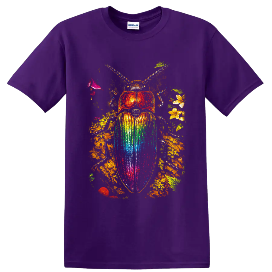 Rainbow scarab beetle with colorful wing case, flowers, leaves, and golden foliage on a Purple T Shirt