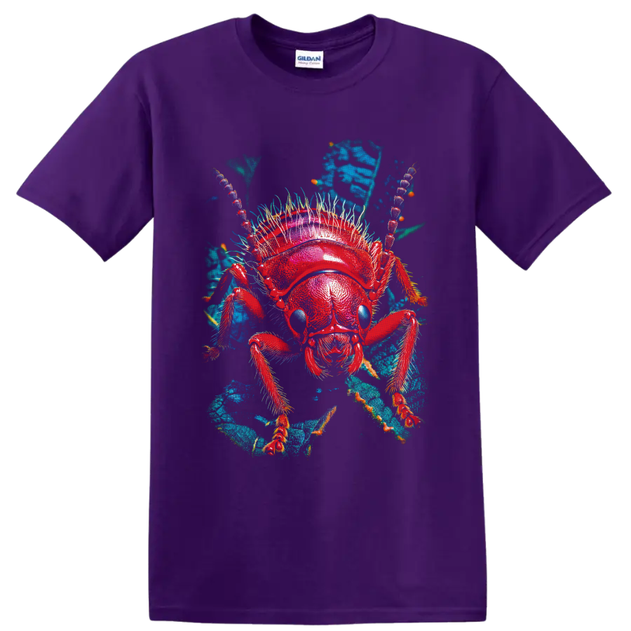 Vivid red ant macro illustration with blue eyes and teal leafy background on a Purple T Shirt