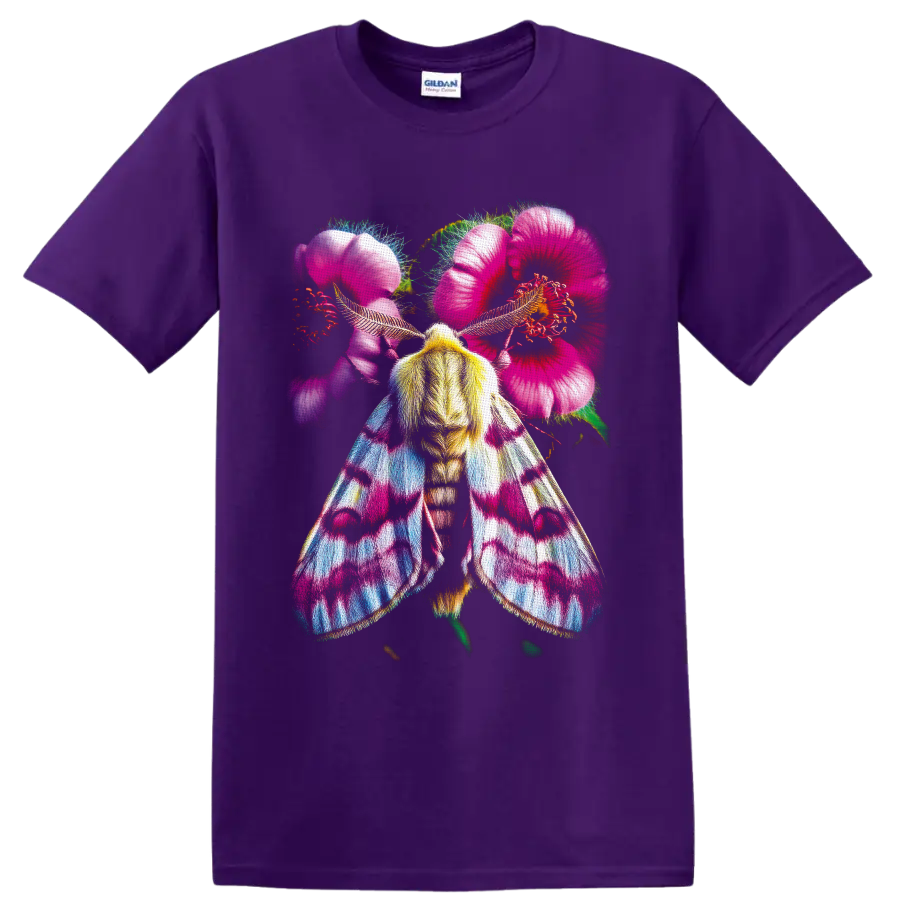 Colorful moth with pink hibiscus flowers in vivid tropical botanical art on a Purple T Shirt