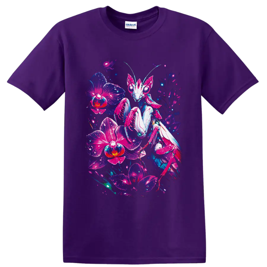 Cyberpunk robotic praying mantis surrounded by glowing neon orchid flowers on a Purple T Shirt