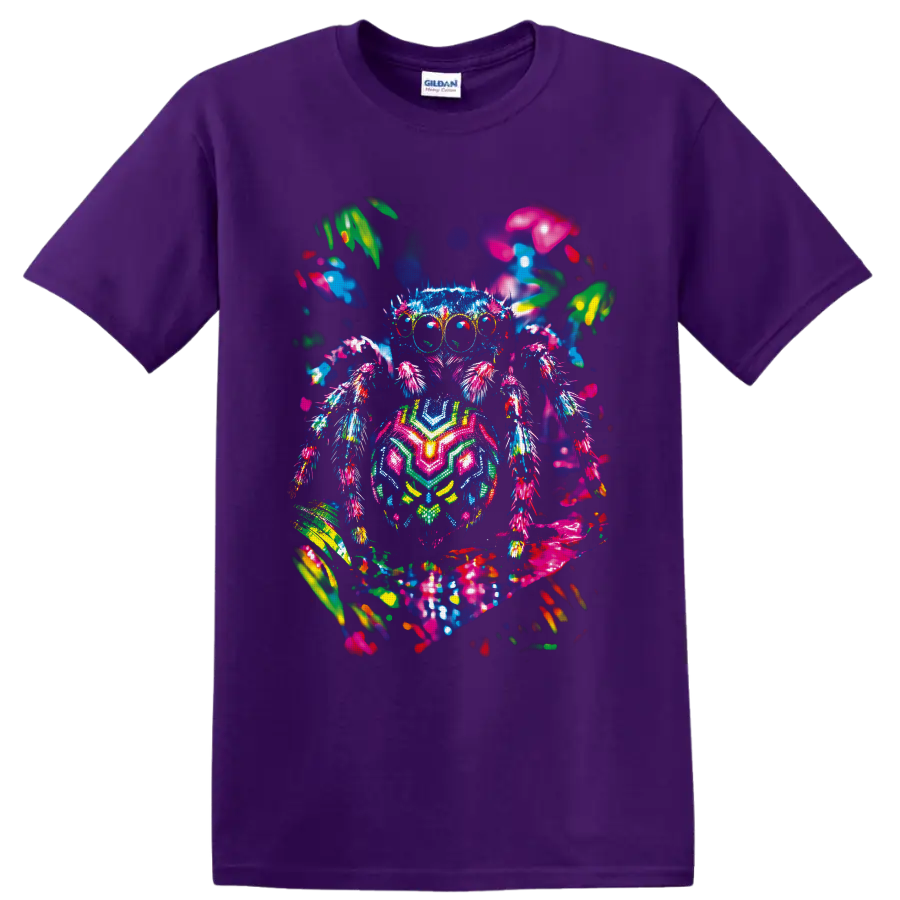 Neon psychedelic spider with glowing eyes, multicolored legs, and abstract garden shapes on a Purple T Shirt