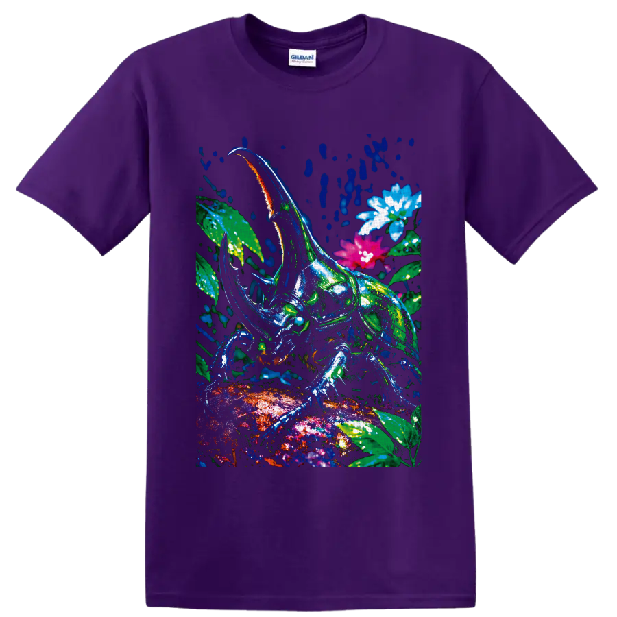 Neon rhinoceros beetle in a tropical botanical scene with colorful flowers on a Purple T Shirt