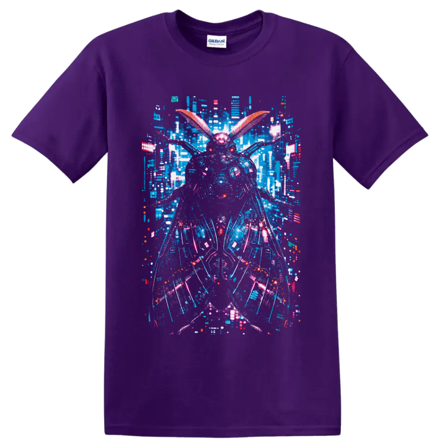 Cyberpunk mechanical moth with neon wings and a futuristic cityscape on a Purple T Shirt