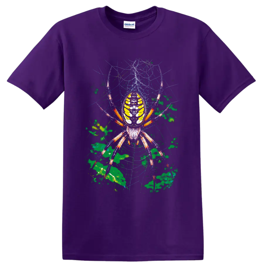 Colorful orb weaver spider with yellow abdomen on a detailed web and green foliage on a Purple T Shirt