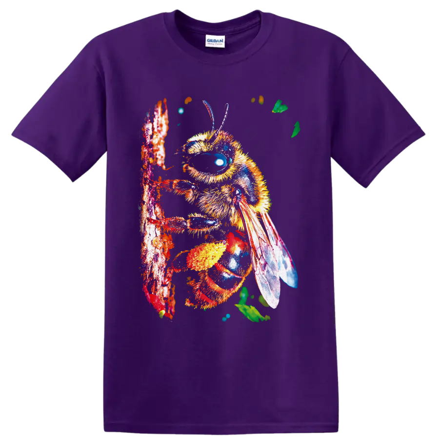 Colorful detailed bumblebee illustration on a textured branch with leaves and translucent on a Purple T Shirt