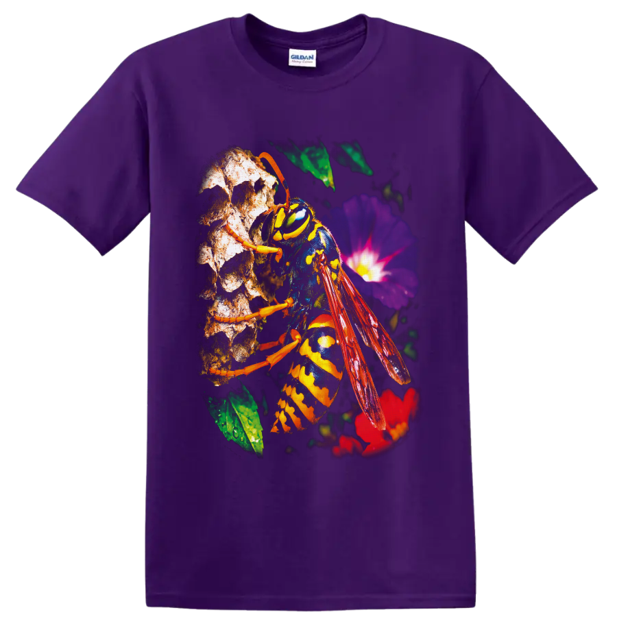 Yellowjacket wasp macro wildlife art with red wings and purple garden flower on a Purple T Shirt