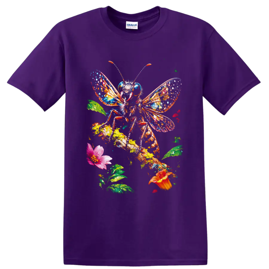 Colorful painted bee with vivid wings, flowers, leaves, and textured garden branch on a Purple T Shirt