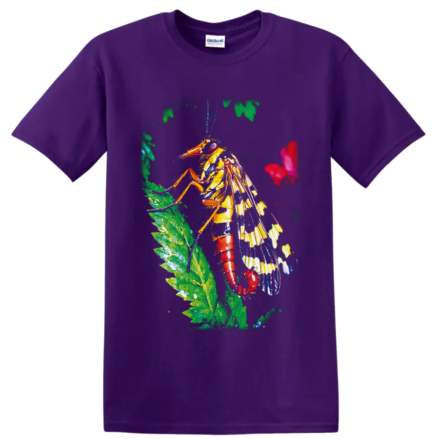 Colorful grasshopper on a green leaf in vivid tropical wildlife art on a Purple T Shirt