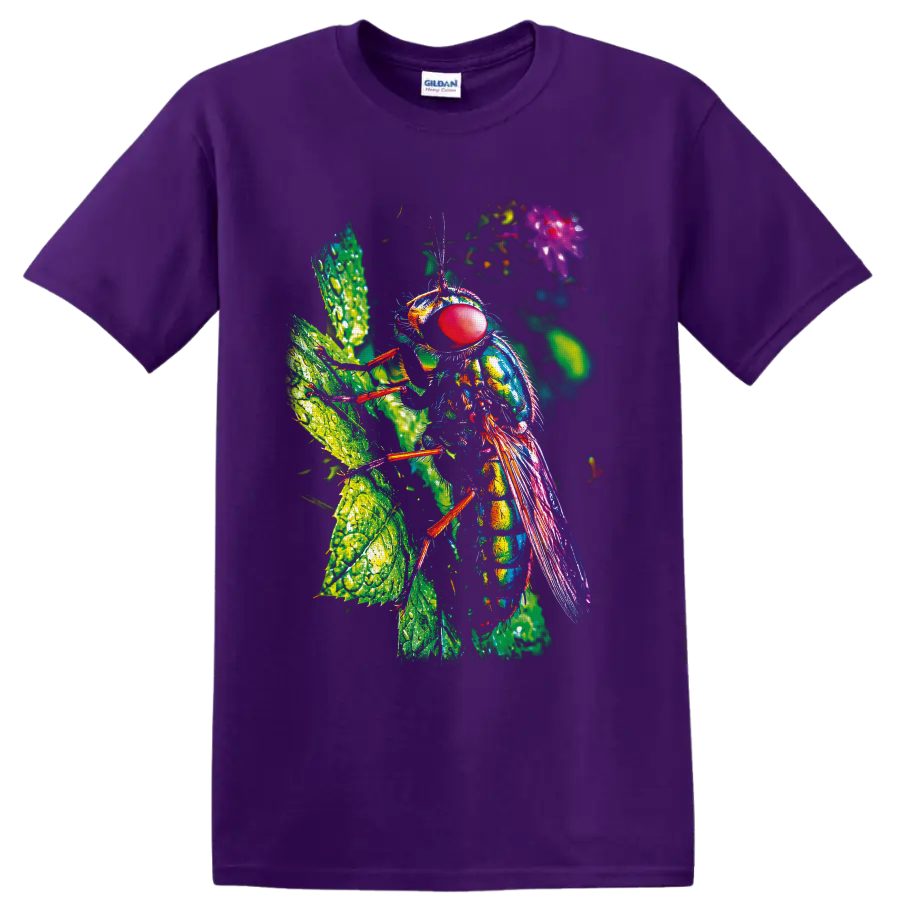 Colorful macro fly with red compound eye and iridescent wings on dew-covered leaves on a Purple T Shirt