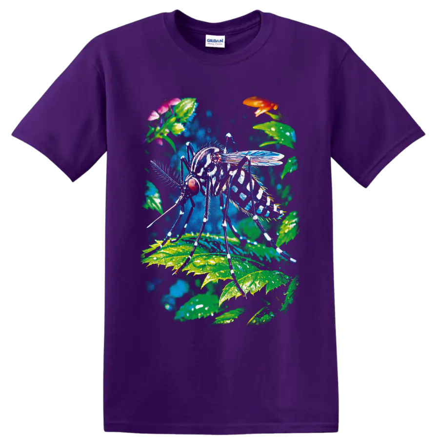 Colorful mosquito illustration with tropical leaves, flowers, and translucent wings on a Purple T Shirt