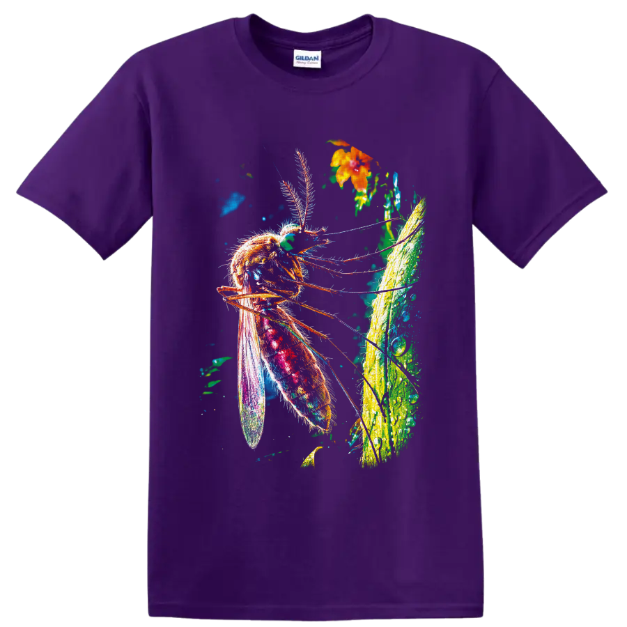 Neon-style mosquito illustration with tropical leaf, orange flower, and colorful wings on a Purple T Shirt