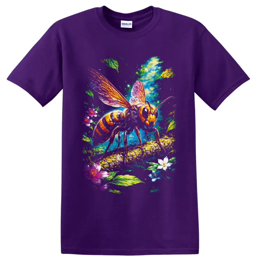 Colorful honey bee with luminous wings, flowers, leaves, and fantasy garden art on a Purple T Shirt