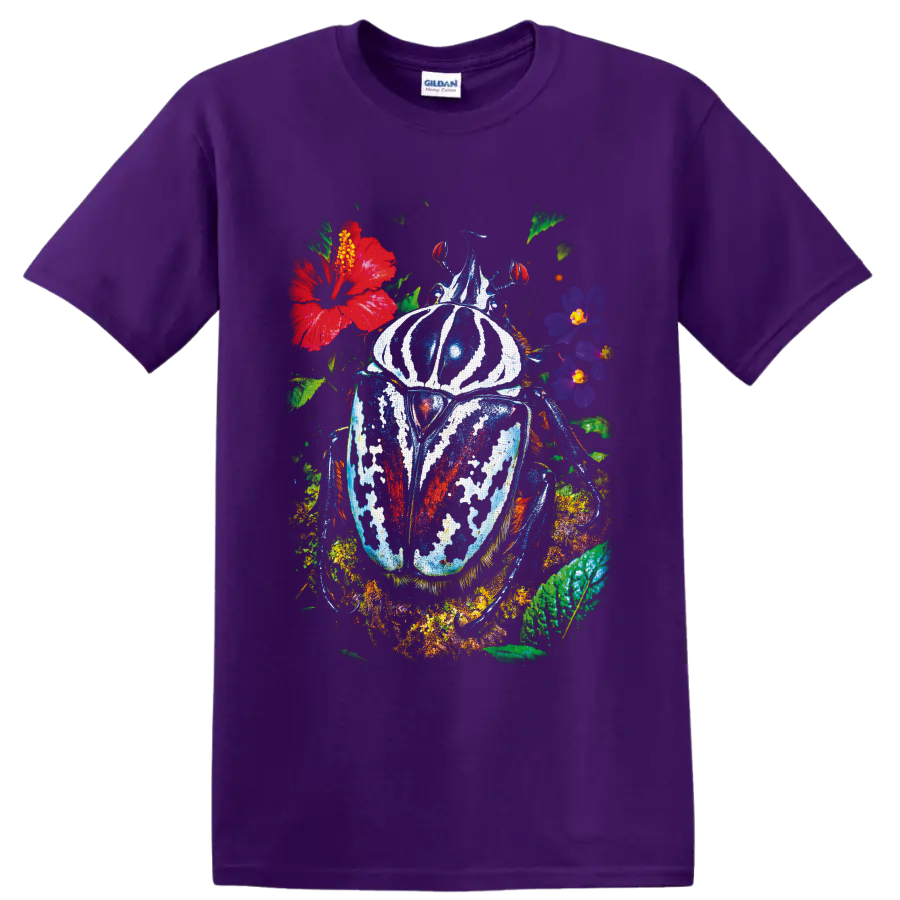 Colorful painted beetle surrounded by tropical flowers and lush botanical foliage on a Purple T Shirt
