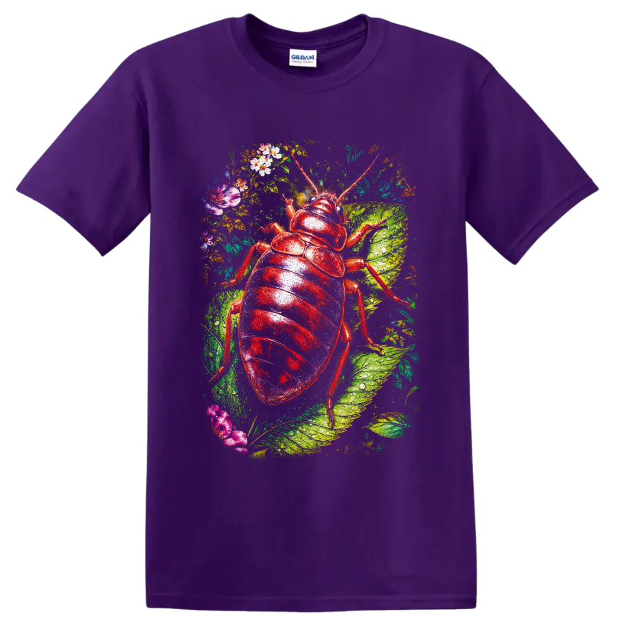 Glossy red beetle botanical illustration with dew-covered leaves and colorful flowers on a Purple T Shirt
