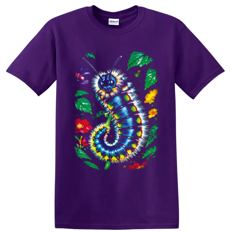 Colorful blue caterpillar with flowers and leaves in whimsical garden art on a Purple T Shirt