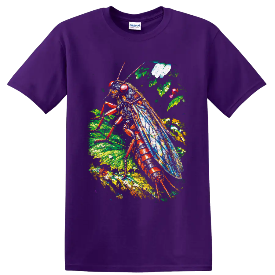 Colorful cockroach illustration with blue wings, red body, leaves, and flowers on a Purple T Shirt
