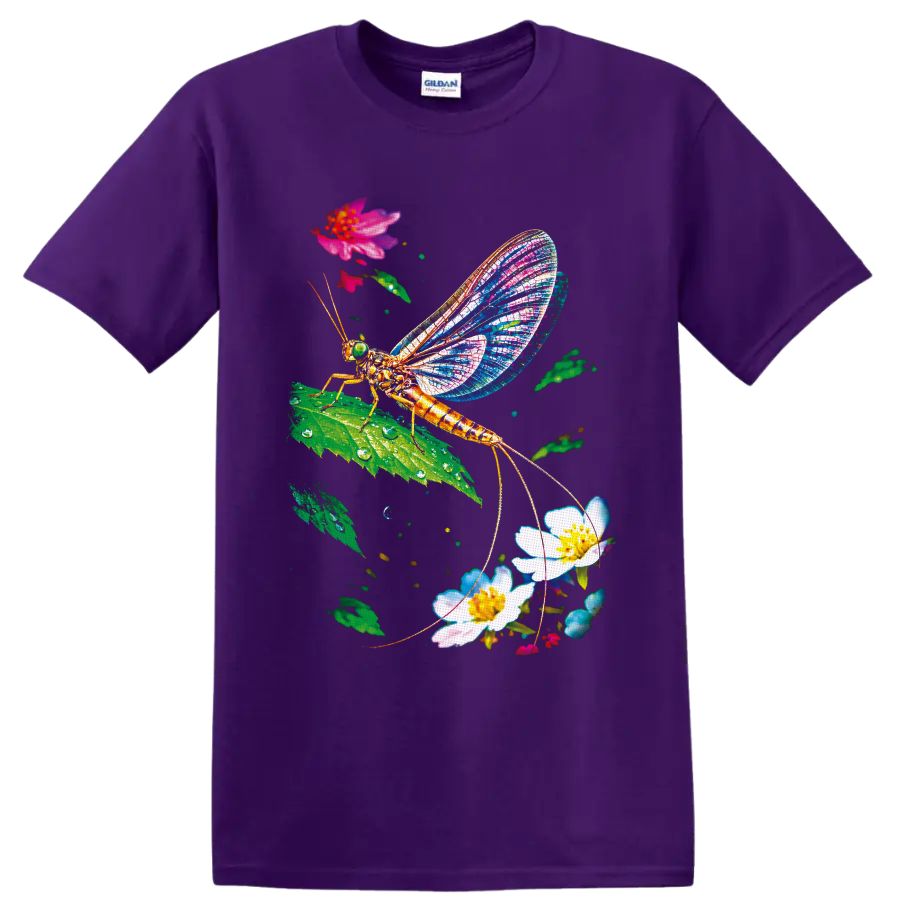 Colorful mayfly with mosaic wings on a leaf among flowers and water droplets on a Purple T Shirt
