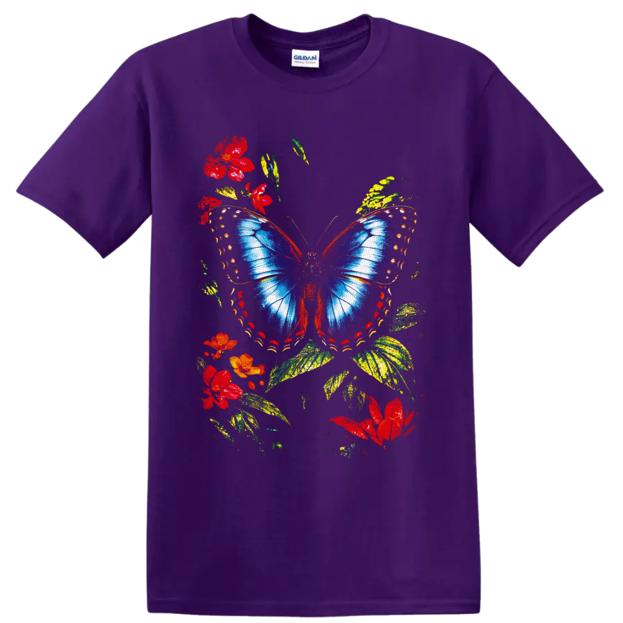 Blue butterfly with red flowers and green leaves in a colorful botanical graphic on a Purple T Shirt