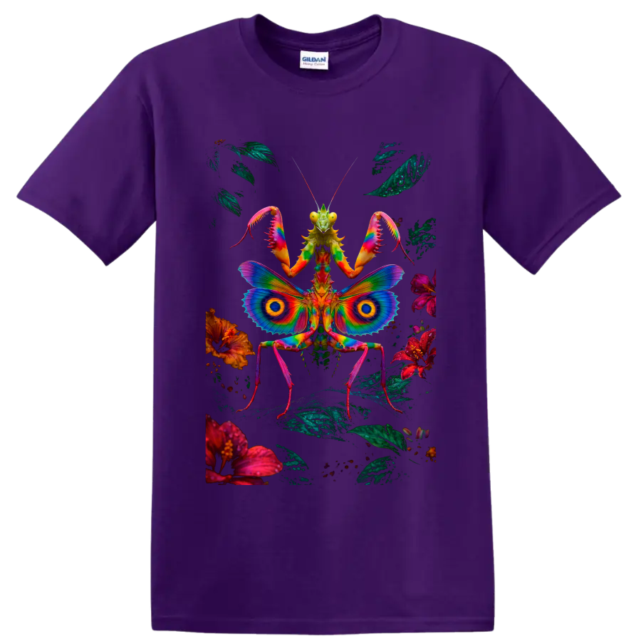 Psychedelic praying mantis with rainbow butterfly wings, flowers, and foliage on a Purple T Shirt