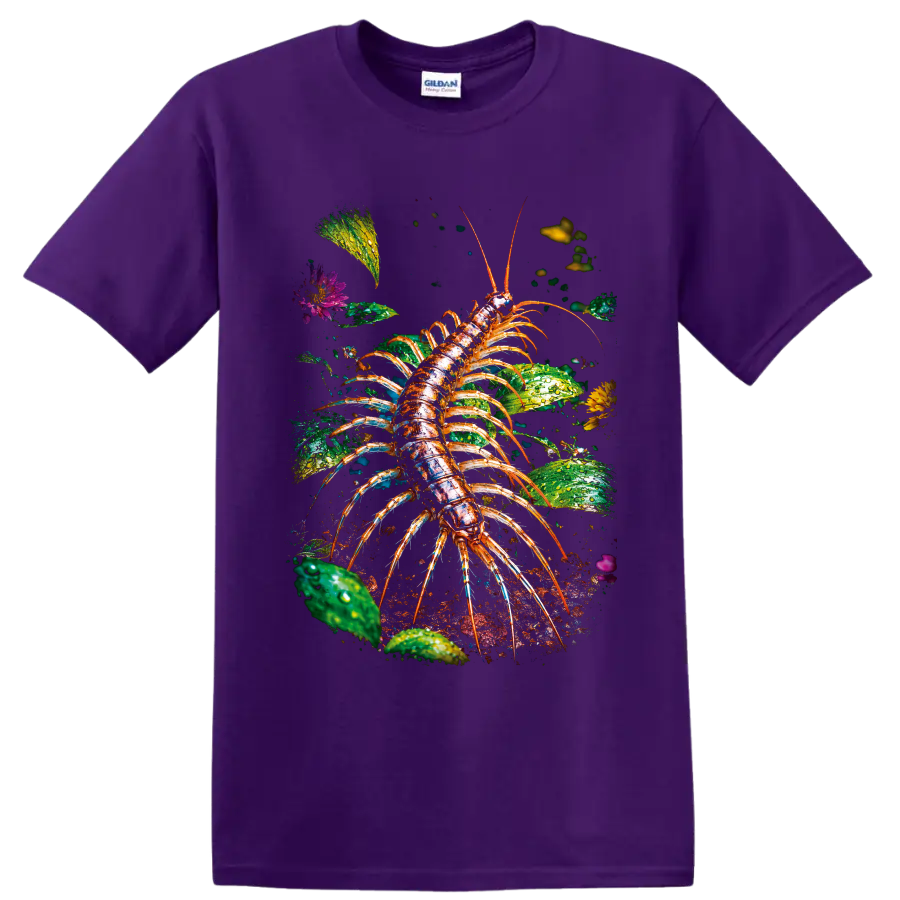 Detailed colorful centipede among dew-covered leaves, flowers, and garden soil on a Purple T Shirt