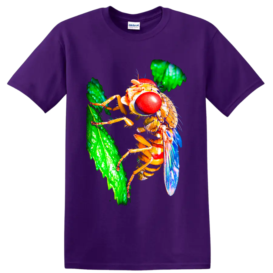 Macro fly with vivid red compound eyes, blue wings, and green leaf nature art on a Purple T Shirt