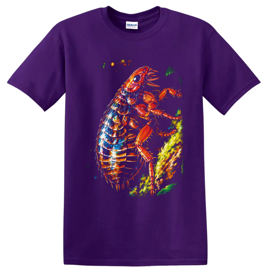 Colorful paint-splatter lobster climbing a bright ocean reef on a Purple T Shirt