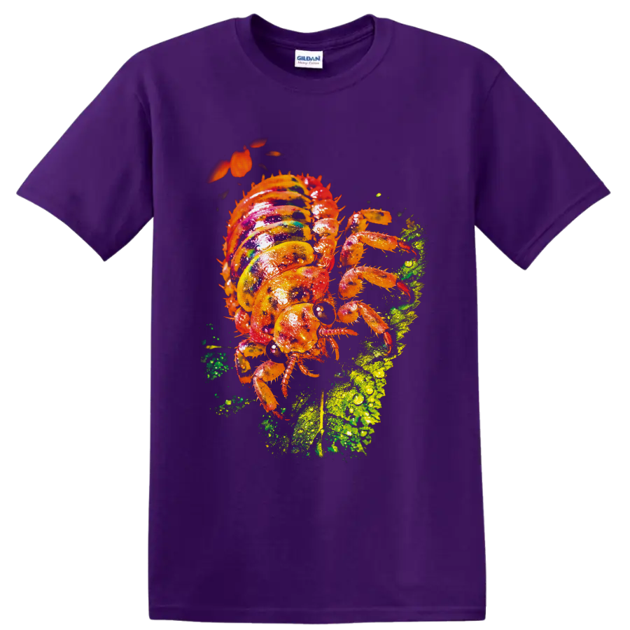 Colorful orange spiny insect on a dew-covered green leaf in vivid macro nature art on a Purple T Shirt