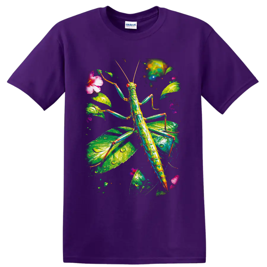 Colorful stick insect in luminous rainforest leaves with pink tropical flowers on a Purple T Shirt