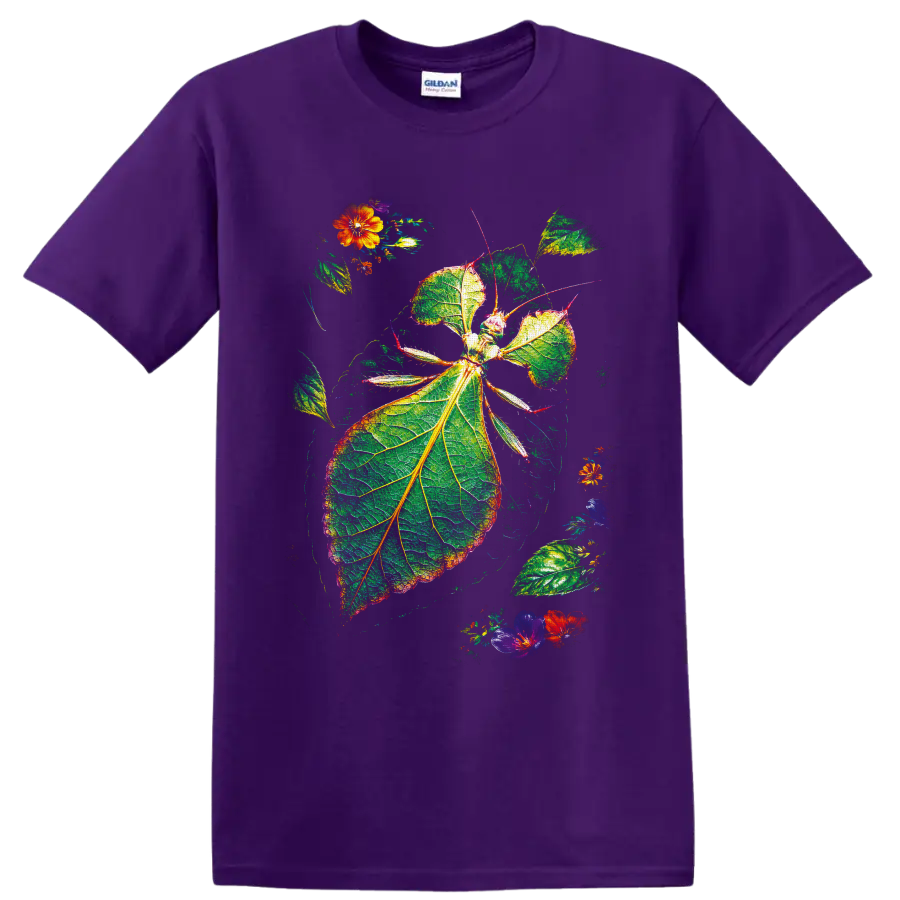 Leaf insect botanical illustration with veined green foliage and colorful flowers on a Purple T Shirt