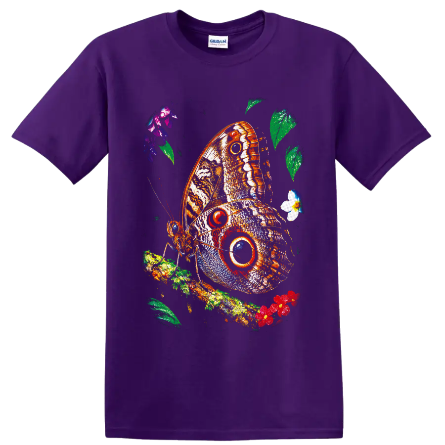 Colorful owl butterfly with bold eyespots on a leafy flowering branch on a Purple T Shirt