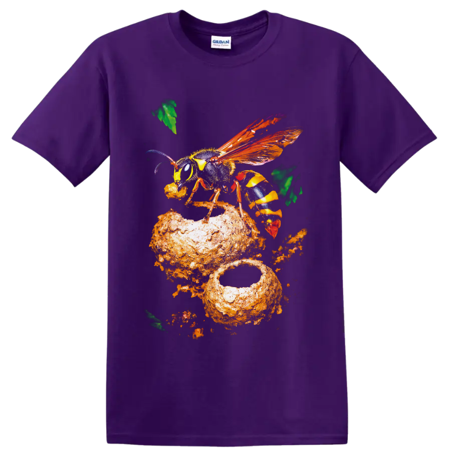 Colorful close-up wasp with orange wings on textured honeycomb-inspired nature art on a Purple T Shirt
