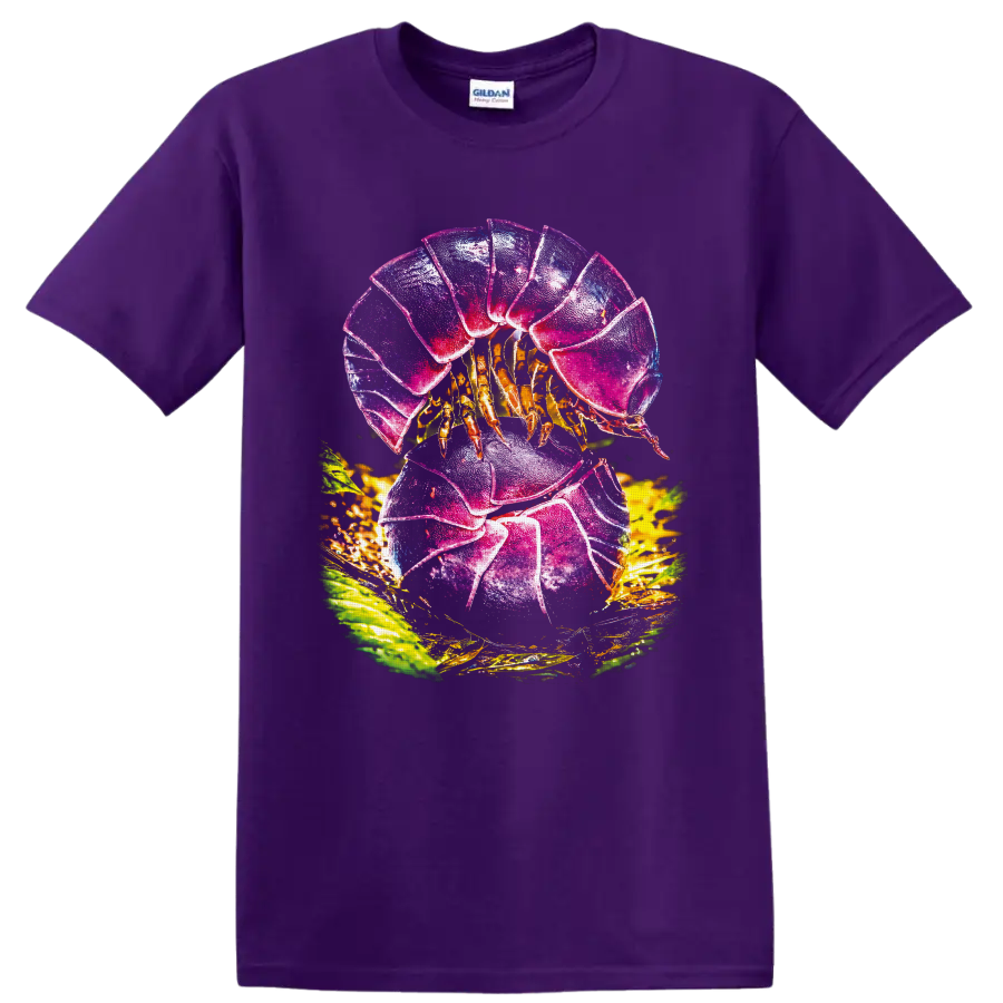 Colorful hermit crab with jewel-toned shell, golden legs, and tropical leaves on a Purple T Shirt